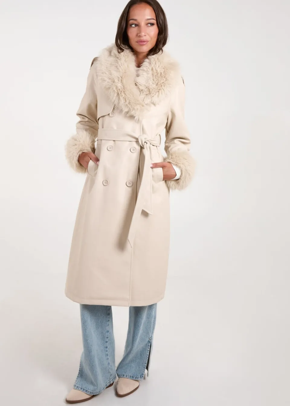 Coats & Jackets>Blue Vanilla Stone Faux Fur Trim Double Breasted Pu Coat