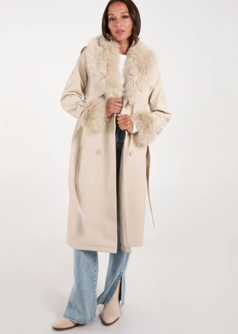 Coats & Jackets>Blue Vanilla Stone Faux Fur Trim Double Breasted Pu Coat