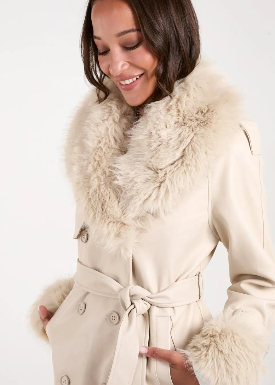 Coats & Jackets>Blue Vanilla Stone Faux Fur Trim Double Breasted Pu Coat