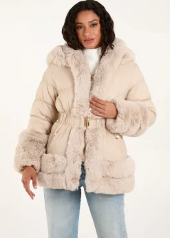 Coats & Jackets>Blue Vanilla Stone Fur Trim Belted Puffer Coat