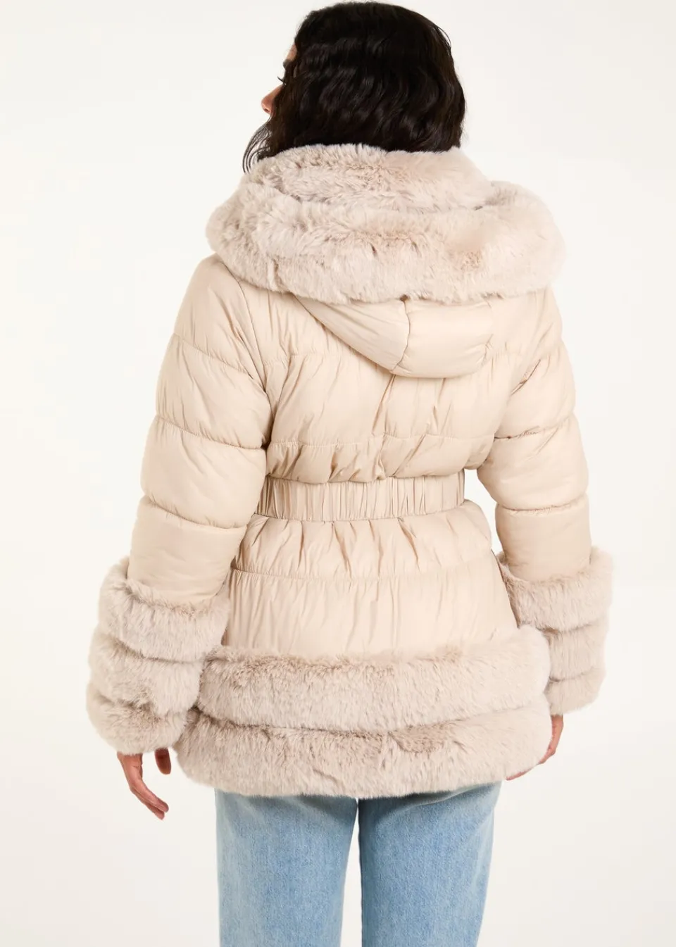 Coats & Jackets>Blue Vanilla Stone Fur Trim Belted Puffer Coat