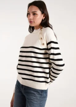 Tops>Blue Vanilla Stone Horizontal Stripes Shoulder Button Detailed Jumper
