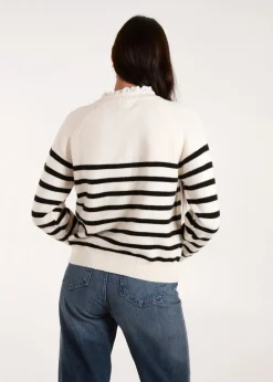 Tops>Blue Vanilla Stone Horizontal Stripes Shoulder Button Detailed Jumper