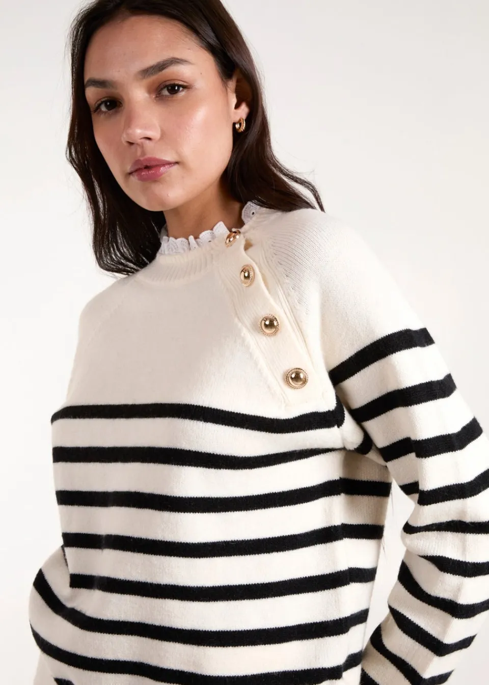 Tops>Blue Vanilla Stone Horizontal Stripes Shoulder Button Detailed Jumper