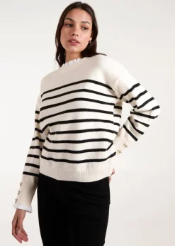 Tops>Blue Vanilla Stone Horizontal Stripes Bow Button Detailed Jumper