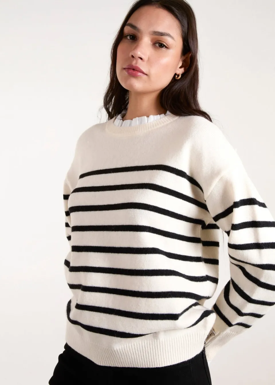 Tops>Blue Vanilla Stone Horizontal Stripes Bow Button Detailed Jumper