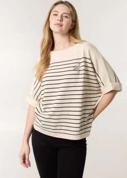 T-Shirts>Blue Vanilla Stone Horizontal Striped Top With Brooch
