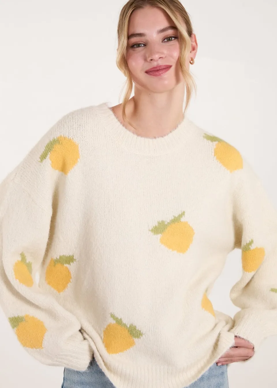 Knitwear>Blue Vanilla Stone Lemons & Leaves Detail Jumper