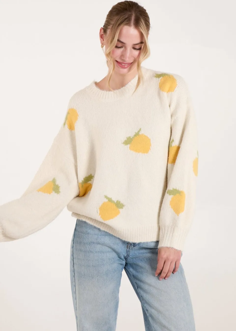Knitwear>Blue Vanilla Stone Lemons & Leaves Detail Jumper