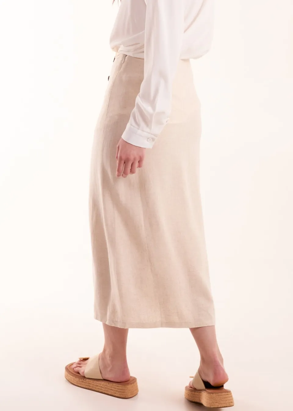 Skirts>Blue Vanilla Stone Linen Button Front Midi Skirt