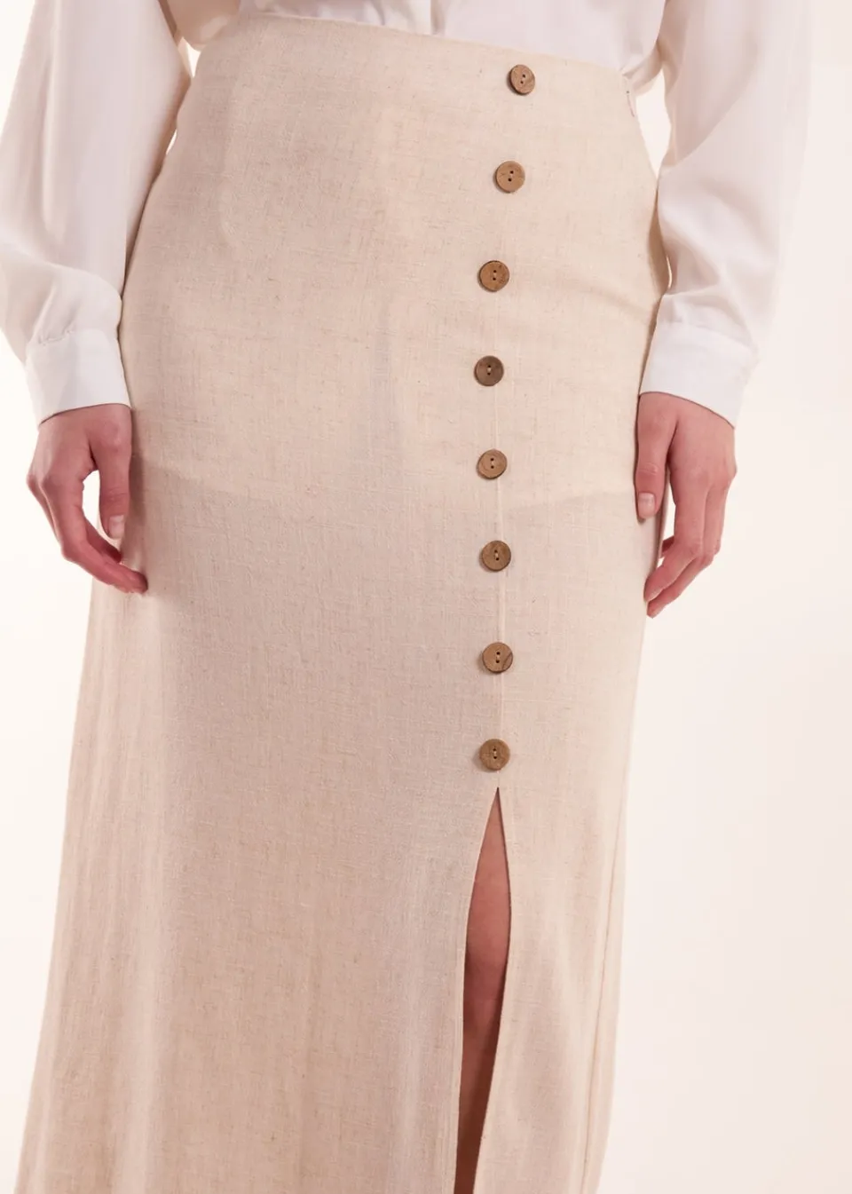 Skirts>Blue Vanilla Stone Linen Button Front Midi Skirt