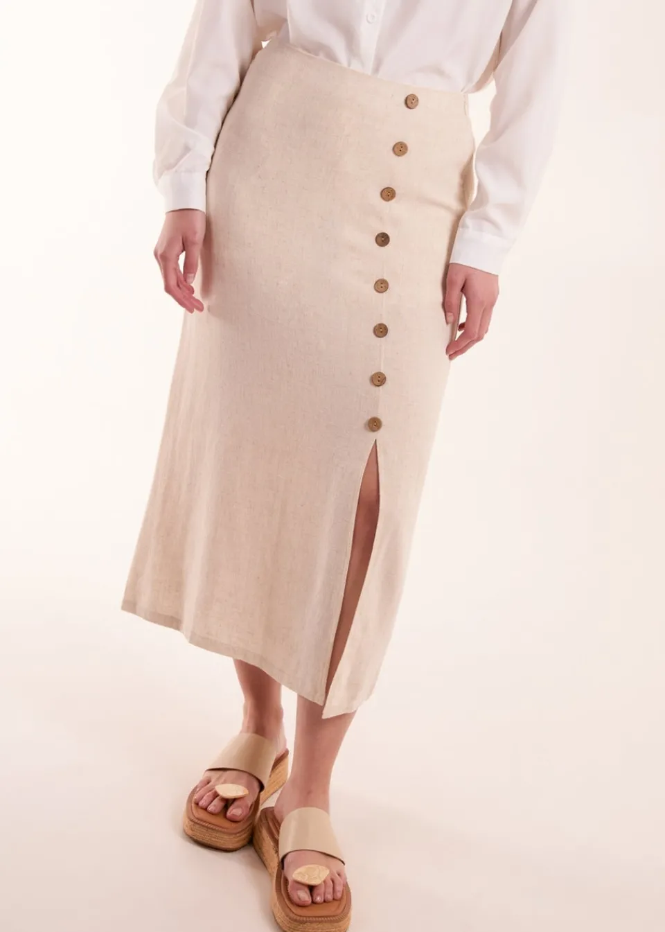 Skirts>Blue Vanilla Stone Linen Button Front Midi Skirt