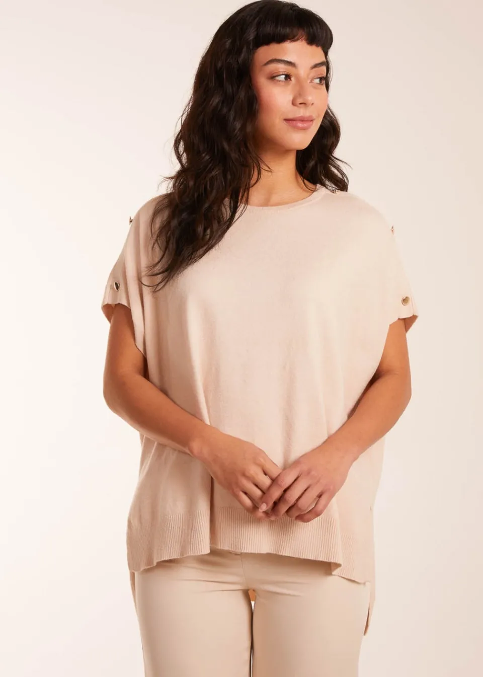 Tops>Blue Vanilla Stone Oversized Button Shoulder Top