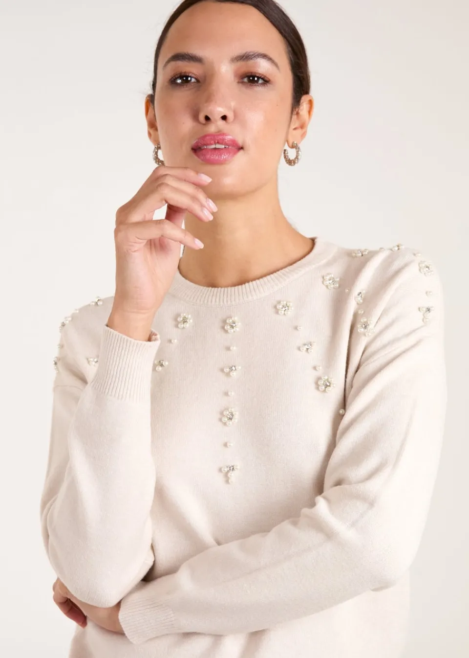 Tops>Blue Vanilla Stone Pearl Flower Embellishment Jumper