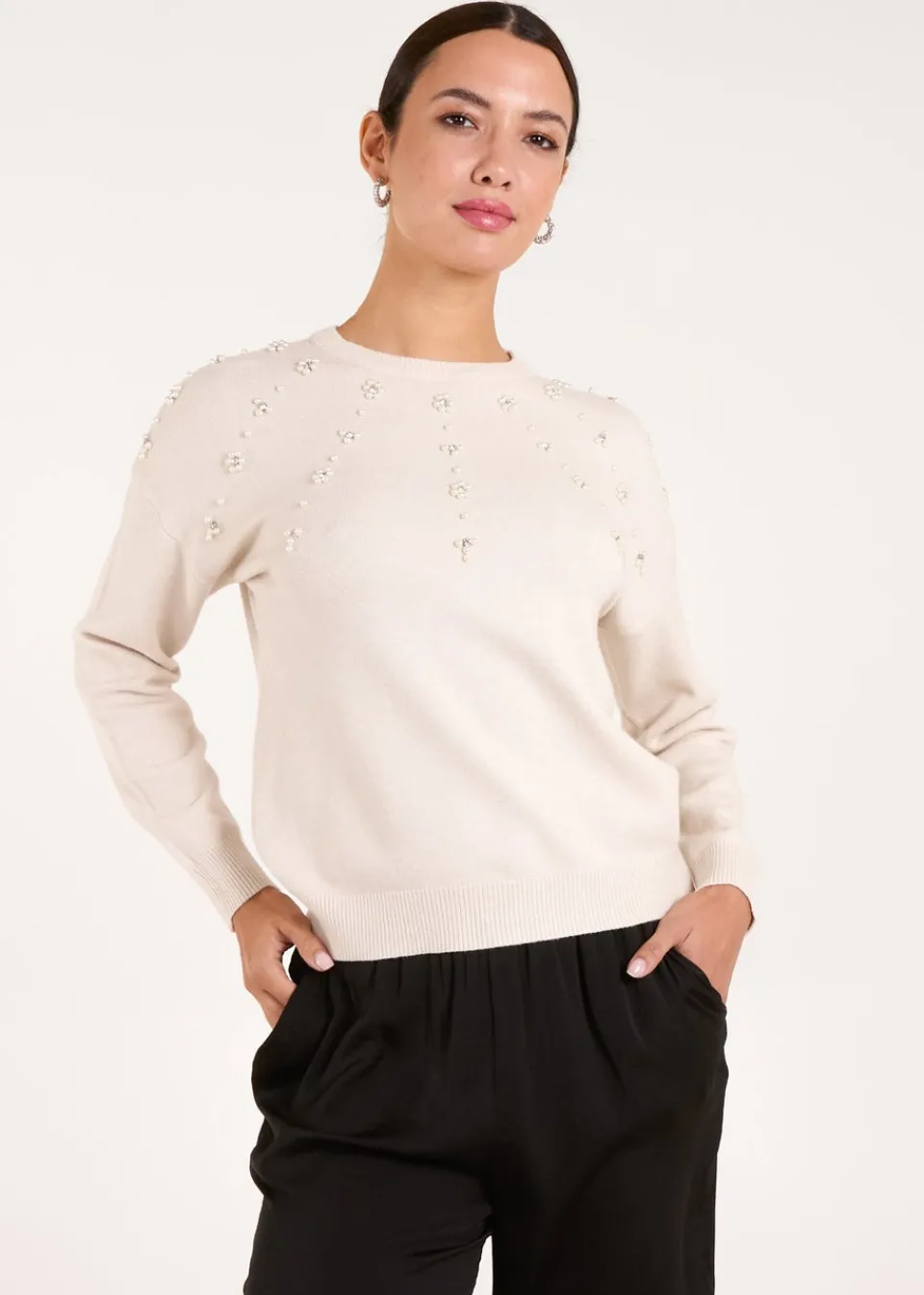 Tops>Blue Vanilla Stone Pearl Flower Embellishment Jumper