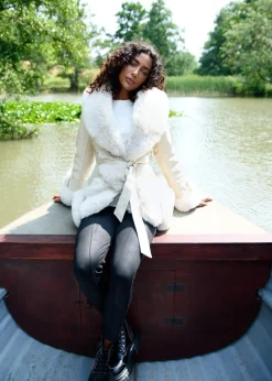 Coats & Jackets>Blue Vanilla Stone PU Faux Fur Trimmed Belted Coat