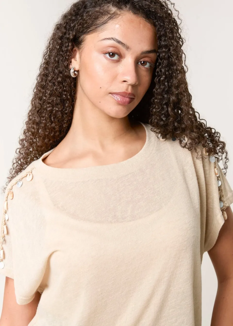 T-Shirts>Blue Vanilla Stone Shell Trim Oversized Top