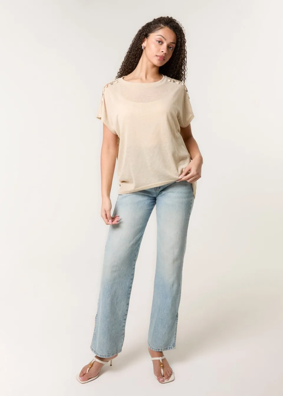 T-Shirts>Blue Vanilla Stone Shell Trim Oversized Top