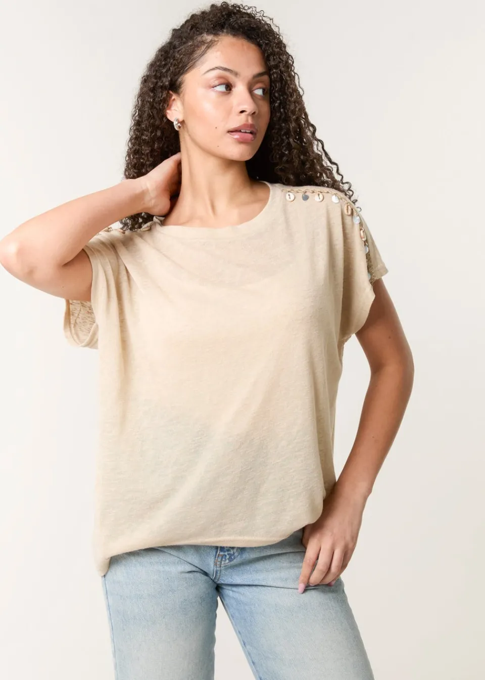 T-Shirts>Blue Vanilla Stone Shell Trim Oversized Top