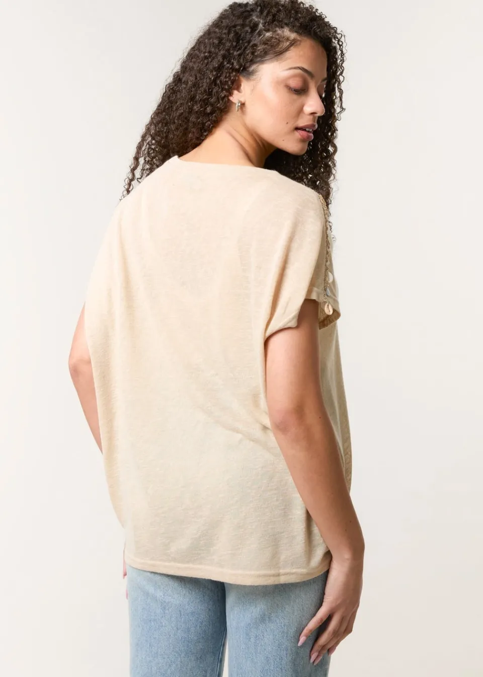 T-Shirts>Blue Vanilla Stone Shell Trim Oversized Top