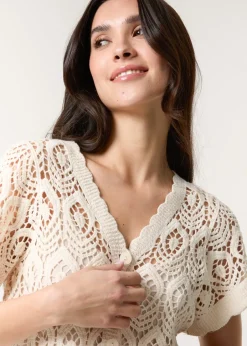 T-Shirts>Blue Vanilla Stone Short Sleeved Button Crotchet Top