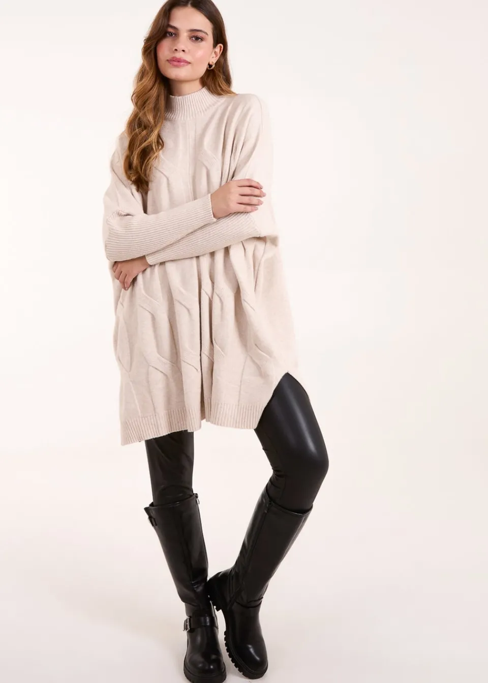 Knitwear>Blue Vanilla Stone Stand Neck Big Cable Jumper