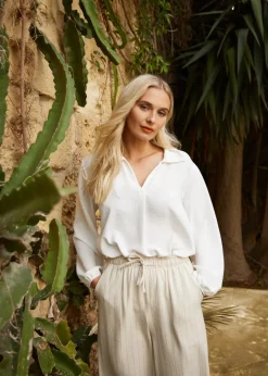 Trousers>Blue Vanilla Stone Stripe Wide Leg Linen Trousers