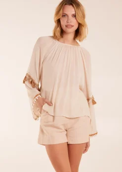 Tops>Blue Vanilla Stone Tassel Wide Sleeve Blouse