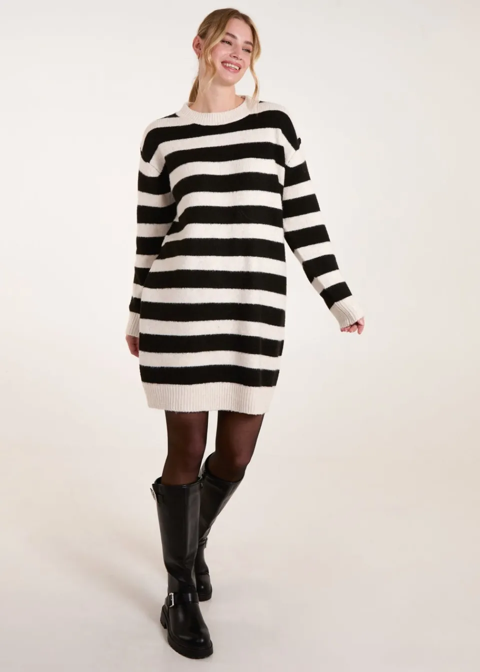 Knitwear>Blue Vanilla Stone Wide Stripe Crew Neck Jumper Dress