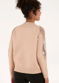 Tops>Blue Vanilla Taupe Embroidered Shoulder Knit Jumper