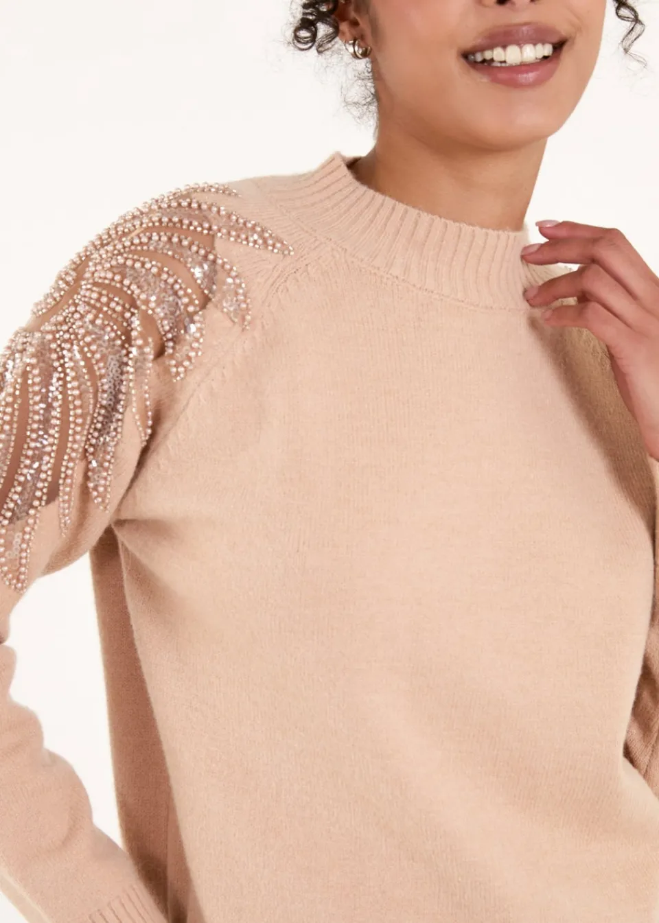 Tops>Blue Vanilla Taupe Embroidered Shoulder Knit Jumper
