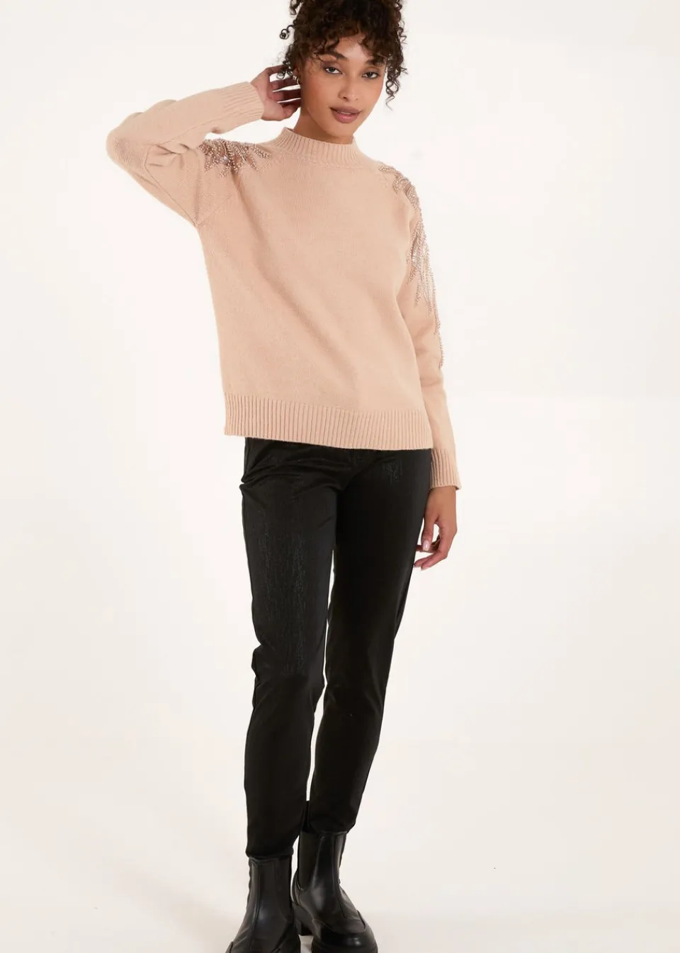 Tops>Blue Vanilla Taupe Embroidered Shoulder Knit Jumper