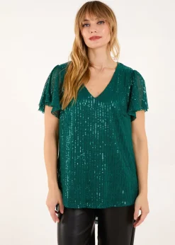 Tops>Blue Vanilla Teal Angel Sleeve V Neck Sequin Top