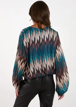 Blouses & Shirts>Blue Vanilla Teal Chevron V Neck Blouse