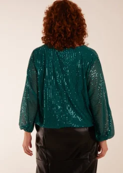 Tops>Blue Vanilla Curve Sequin Batwing Blouse Teal