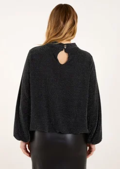 Tops>Blue Vanilla Teal Metallic High Neck Puffball Top