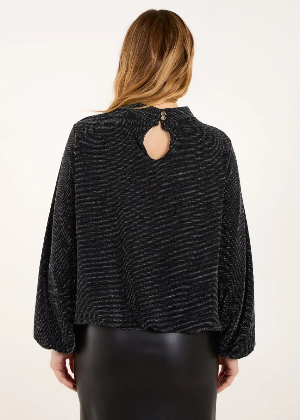 Tops>Blue Vanilla Teal Metallic High Neck Puffball Top