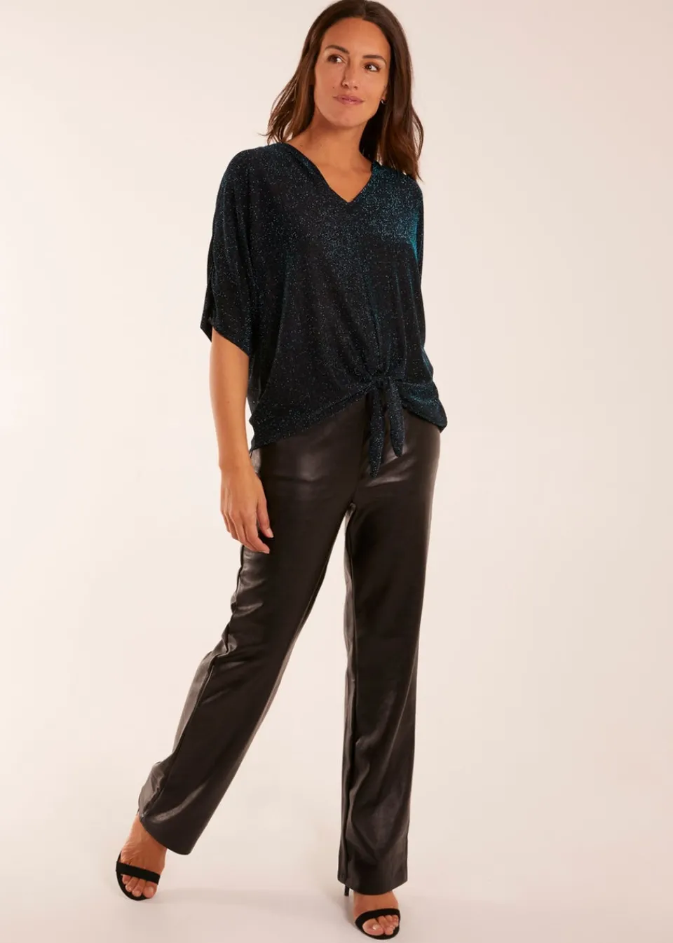 Tops>Blue Vanilla Teal Sparkly V Neck Tie Front Top