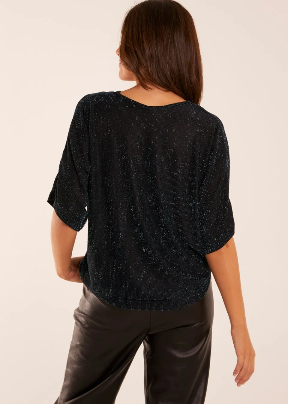 Tops>Blue Vanilla Teal Sparkly V Neck Tie Front Top