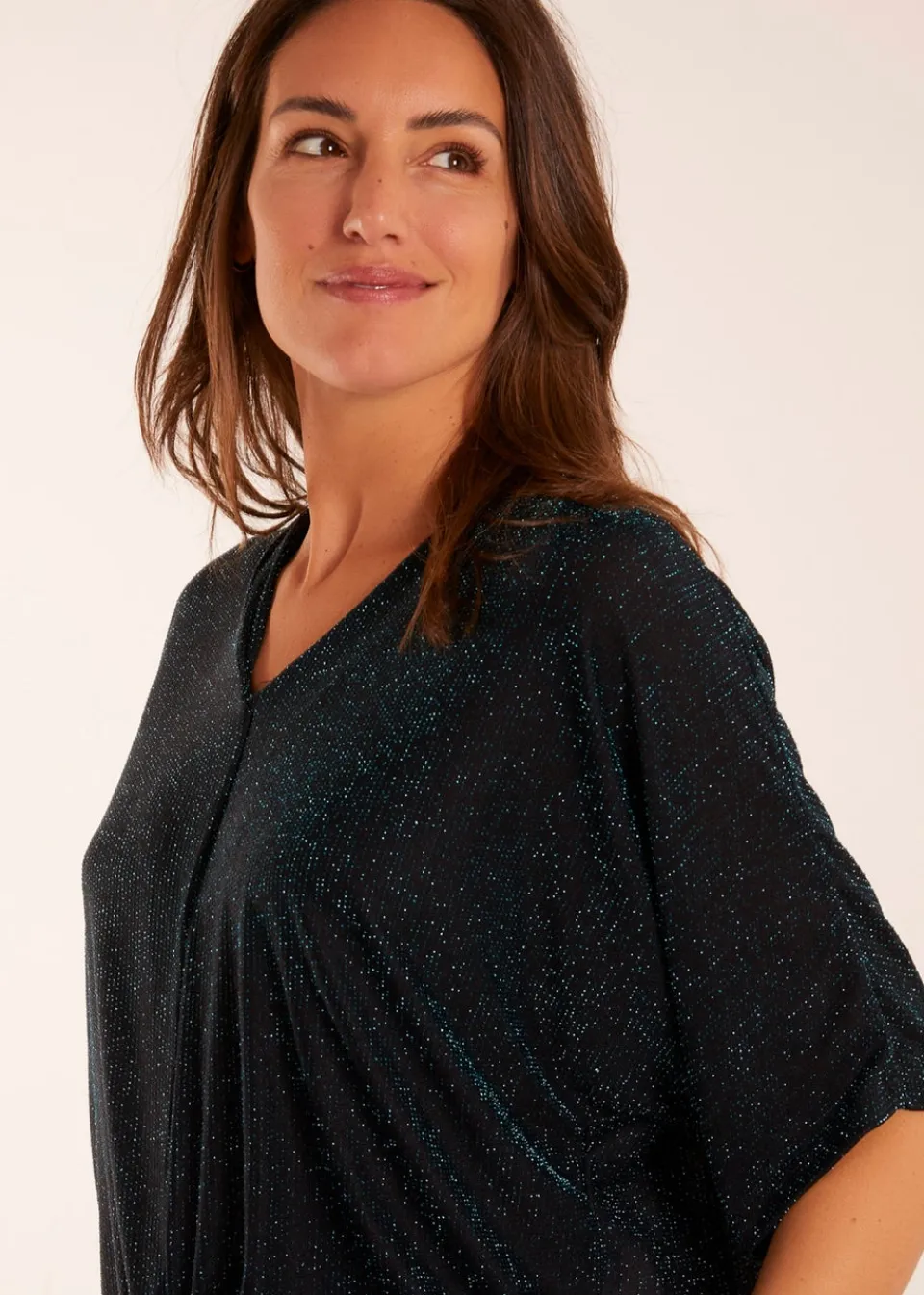 Tops>Blue Vanilla Teal Sparkly V Neck Tie Front Top