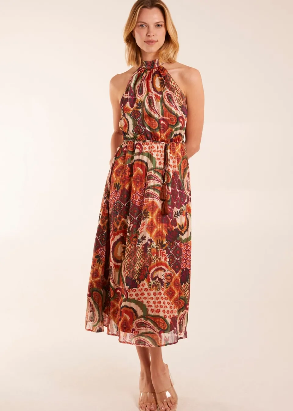 Dresses>Blue Vanilla Terracotta Halter Neck Tassle Detail Midi Dress