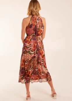 Dresses>Blue Vanilla Terracotta Halter Neck Tassle Detail Midi Dress