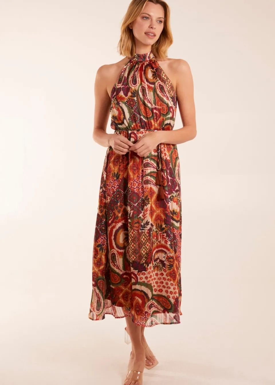 Dresses>Blue Vanilla Terracotta Halter Neck Tassle Detail Midi Dress
