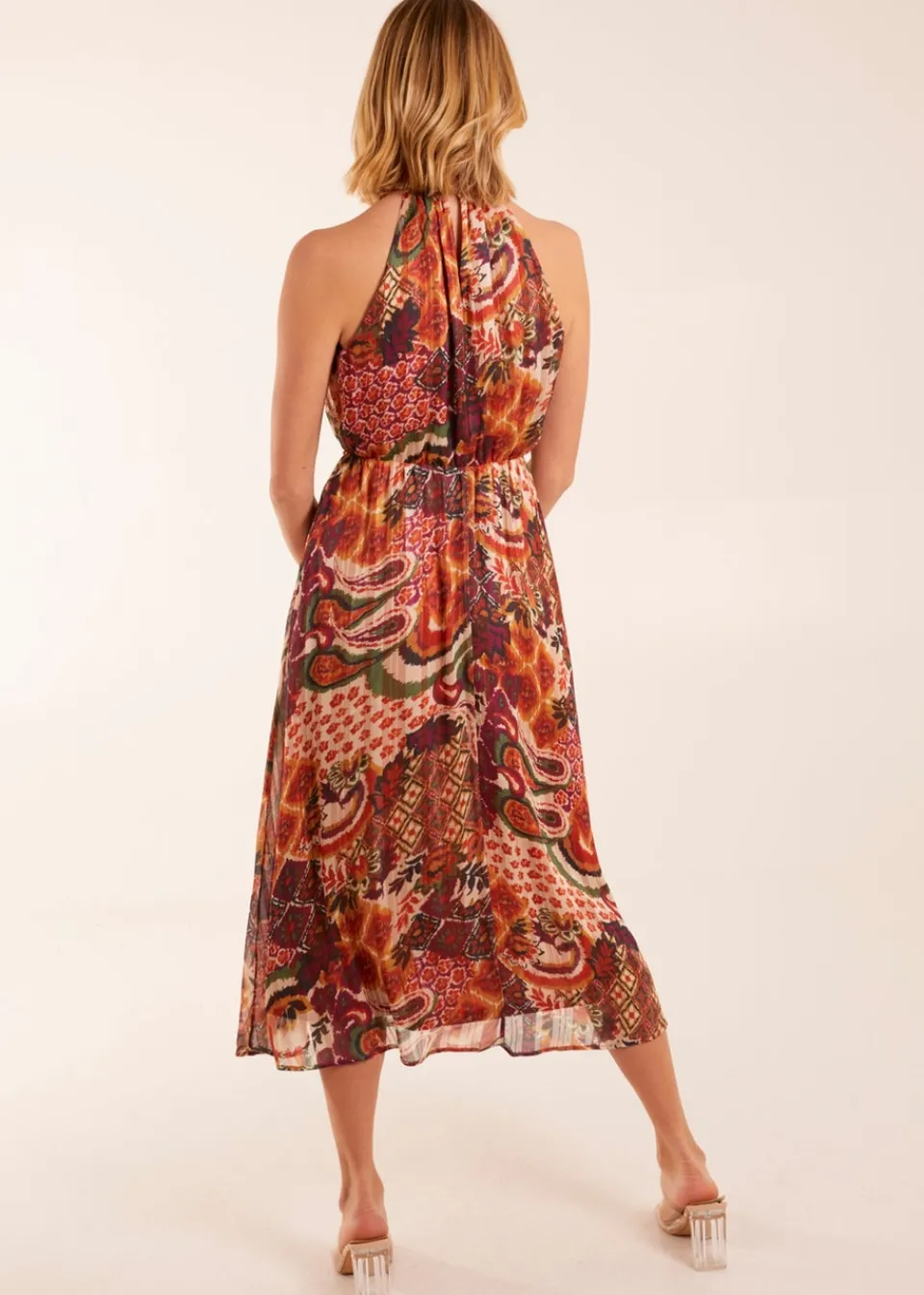 Dresses>Blue Vanilla Terracotta Halter Neck Tassle Detail Midi Dress