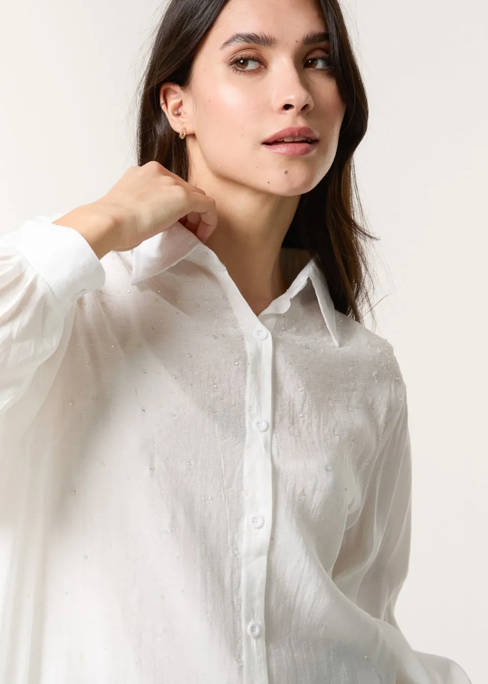Tops>Blue Vanilla White Diamante Detailed Classic Shirt