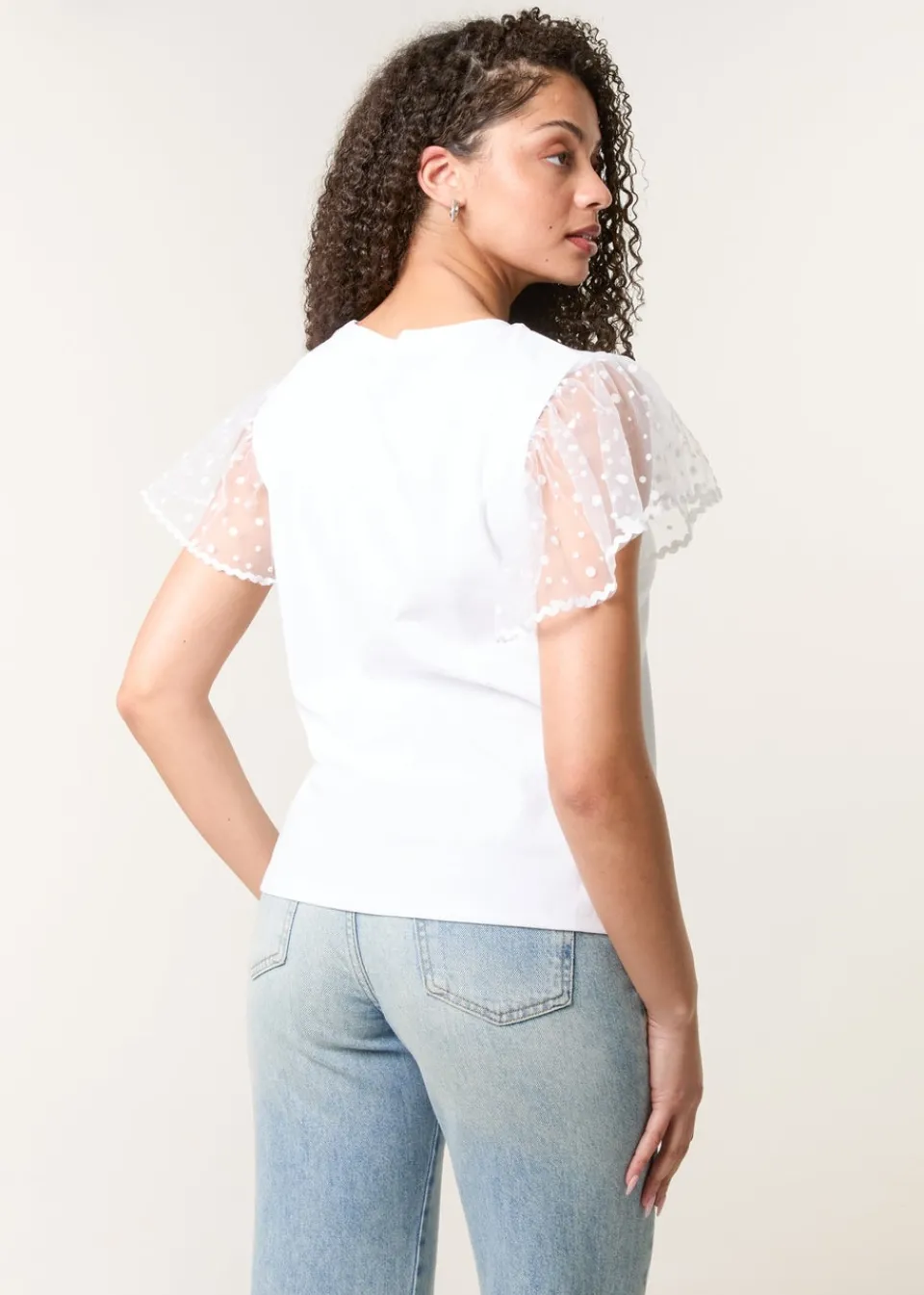 T-Shirts>Blue Vanilla White Polka Dot Mesh Sleeve T-shirt