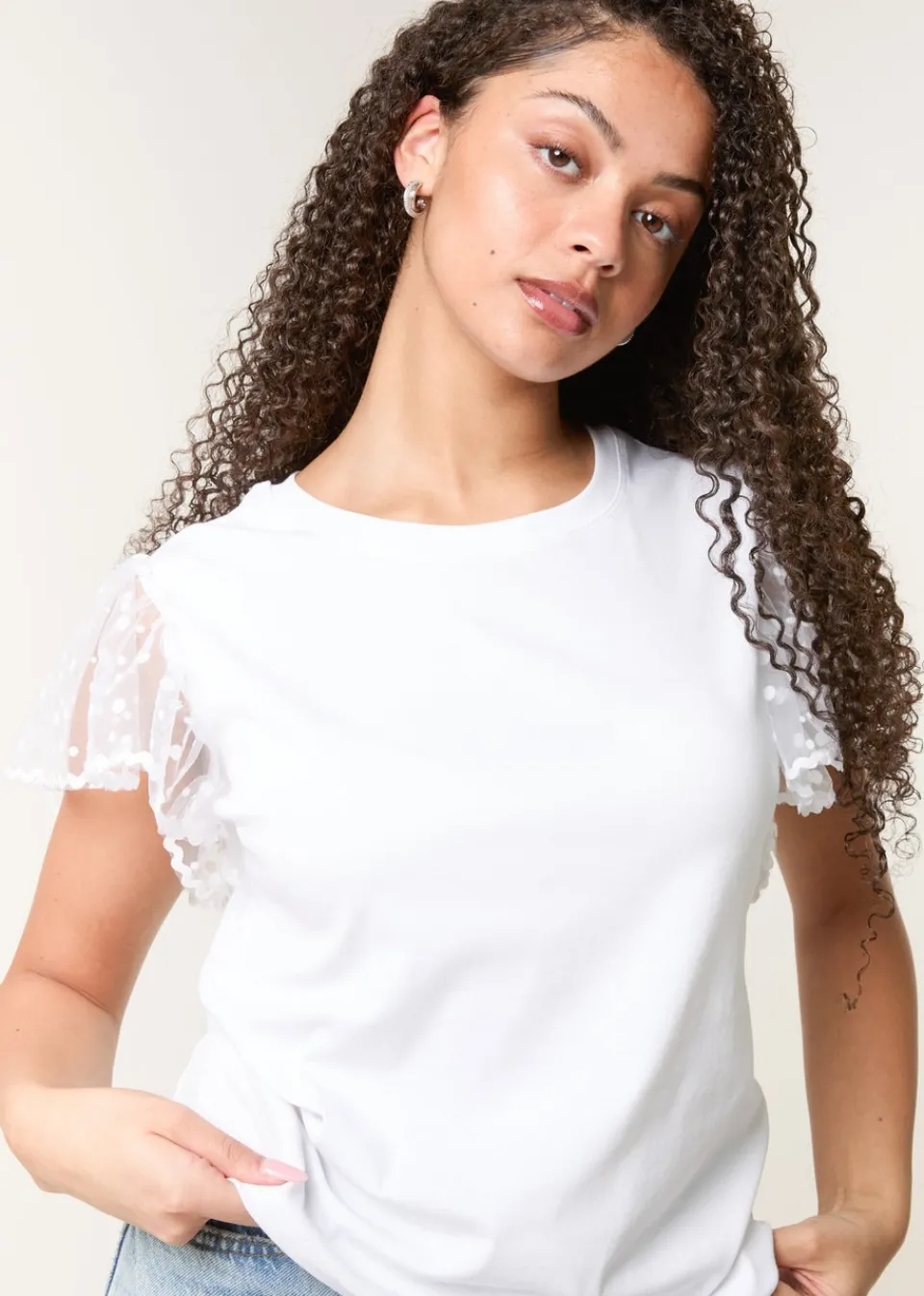 T-Shirts>Blue Vanilla White Polka Dot Mesh Sleeve T-shirt