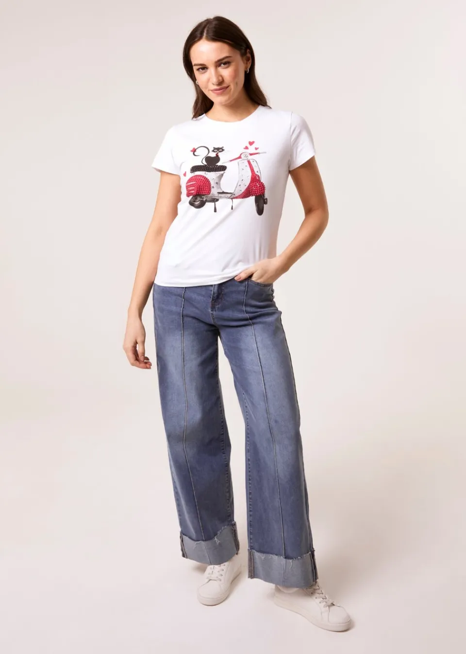 T-Shirts>Blue Vanilla White Printed Cat T-Shirt