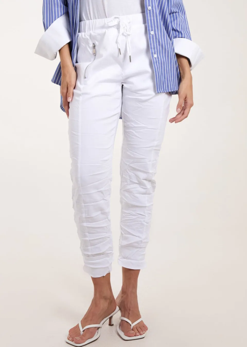 Trousers>Blue Vanilla White Zip Drawstring Trousers
