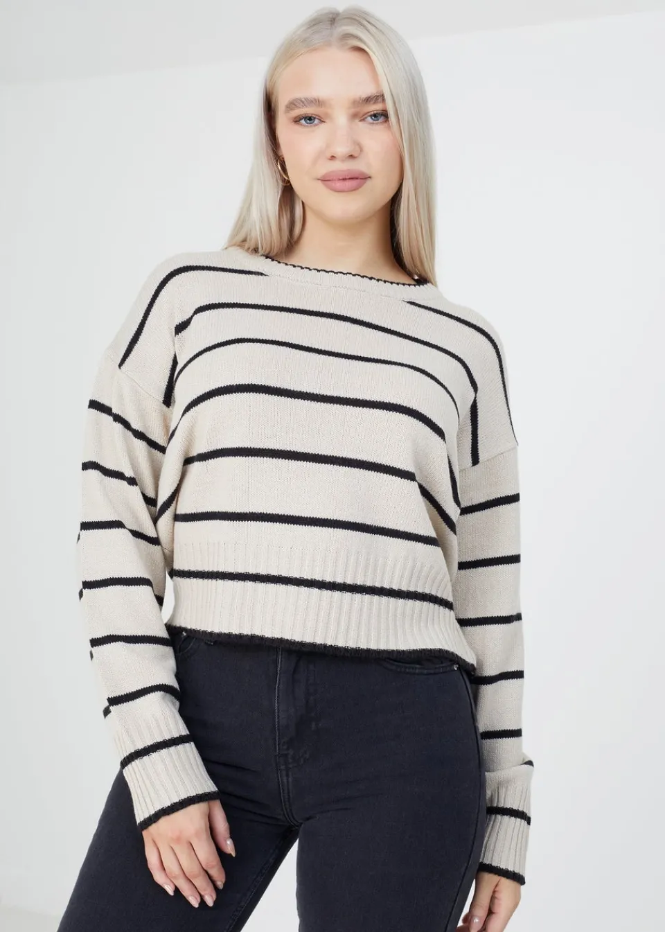 Tops>Brave Soul Fine Stripe Lightweight Knitted Jumper Beige